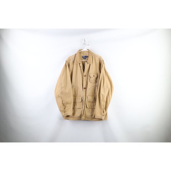 Vintage 90s Ralph Lauren Mens Large Thrashed Canvas Hunting Birding Jacket Beige